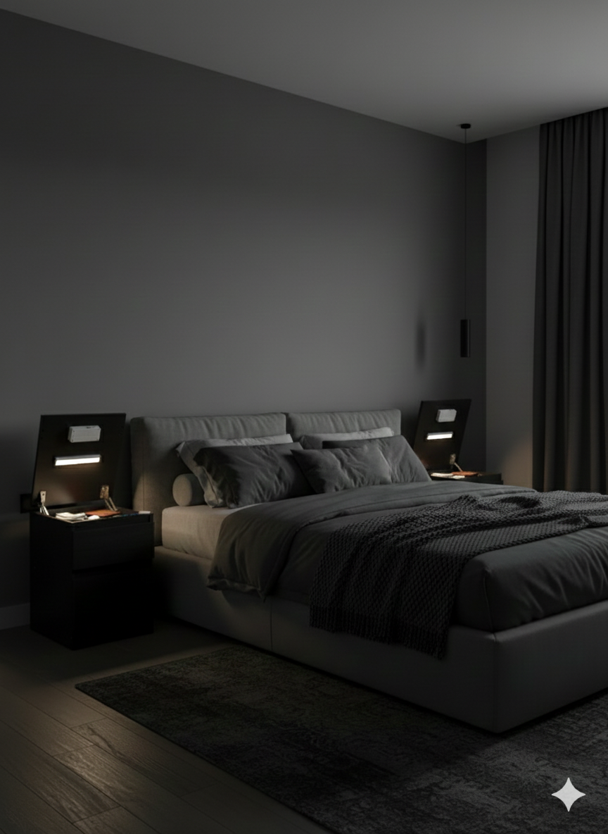 Sötét hangulatú szobában éjjeliszekrény