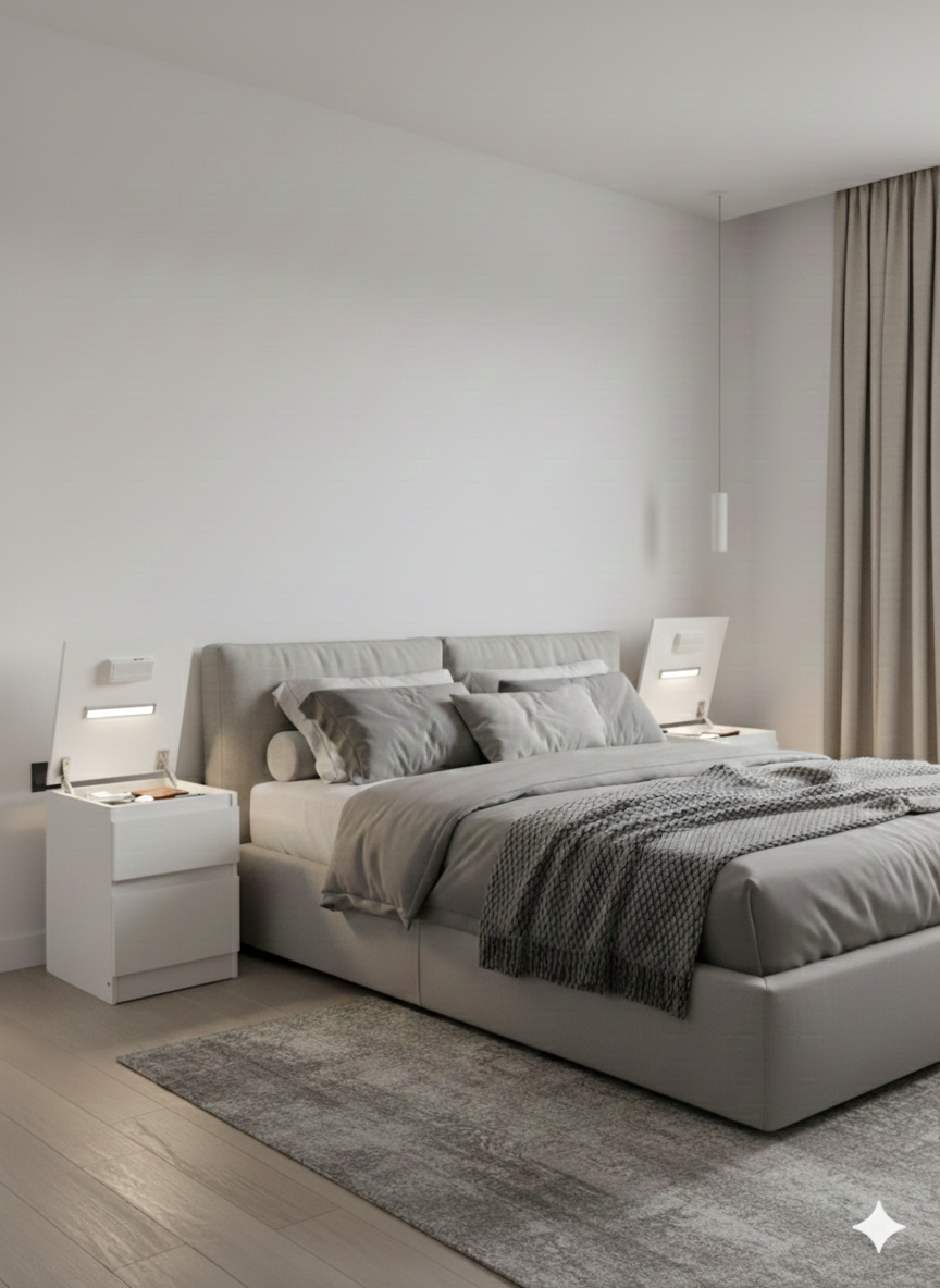 Világos hangulatú szobában éjjeliszekrény